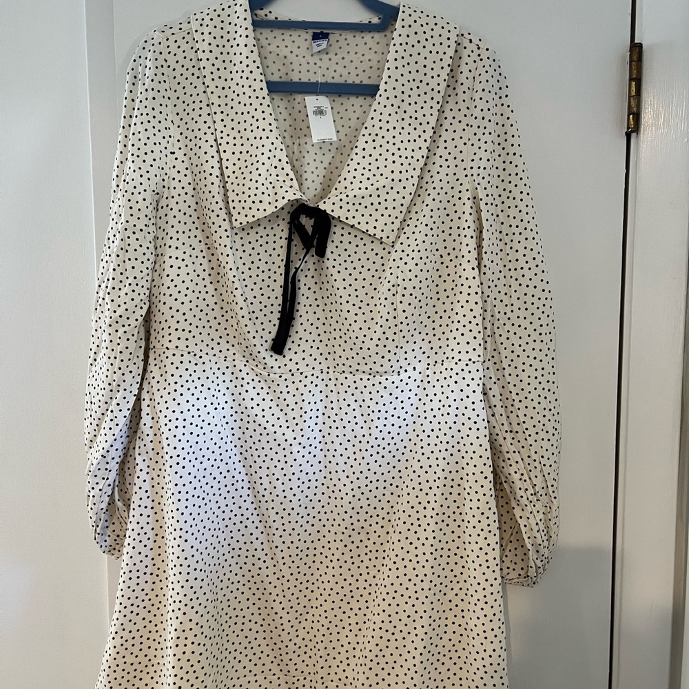 Old Navy Cream Polka Dot Long Sleeve Dress with Black Bow NWT